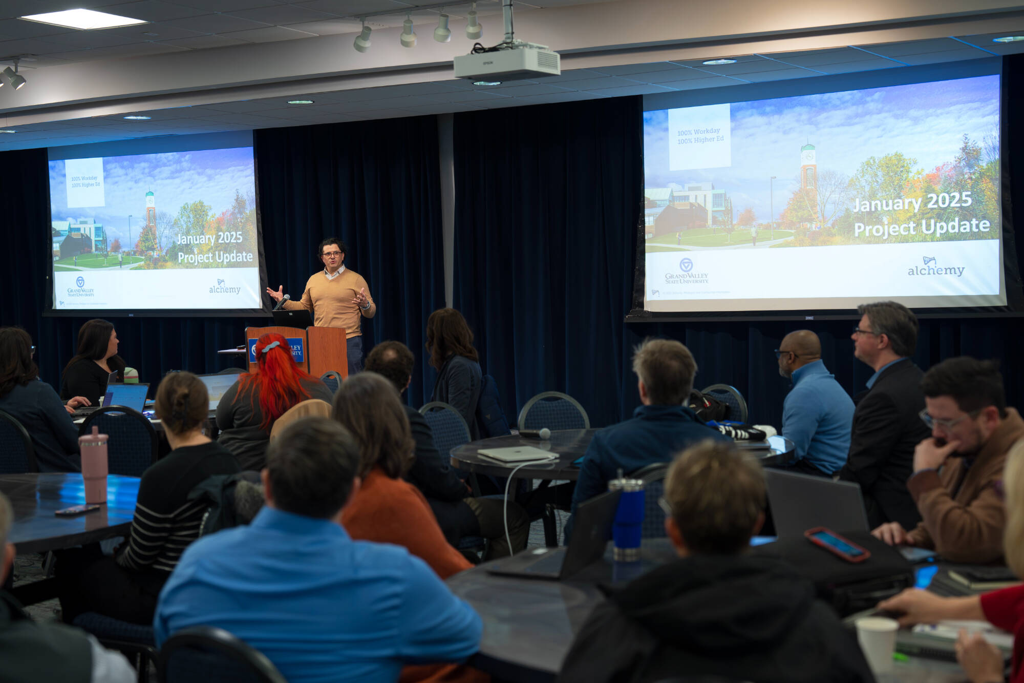 Micah Marin speaks during a Workday Student project update at the Kirkhof Center on January 14. Workday Student is the Student Information System (SIS) from Workday. Marin is the Services, Senior Manager at Alchemy.us.